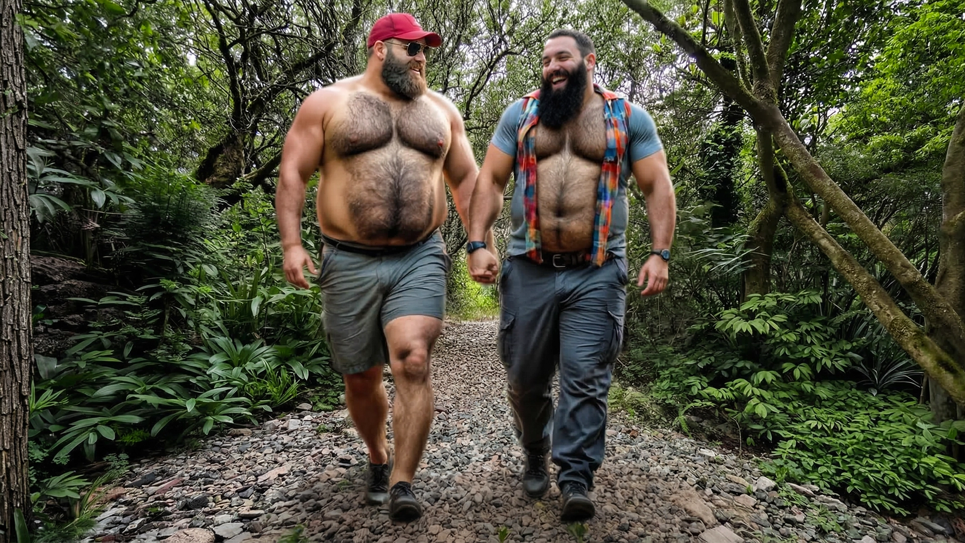 Enamorados caminando entre los árboles y buscando un tercero para travesuras en el bosque